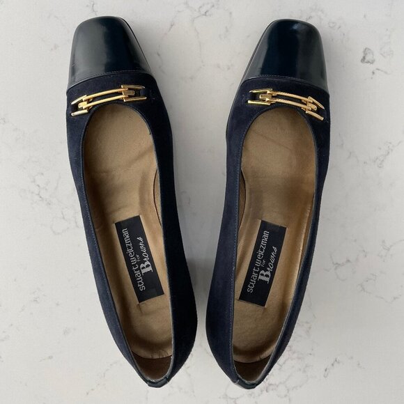 Stuart Weitzman for Browns Patent & Suede Leather Shoes Navy Gold Hardware Sz 7 - Picture 10 of 10